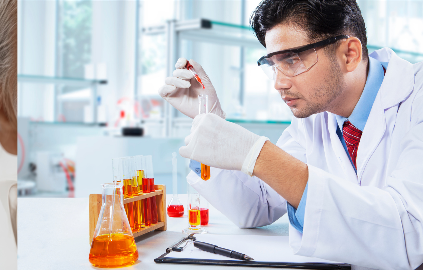 Laboratory surfaces with blue drops